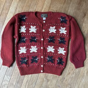 South Wool Cardigan Hand Knitted Pure Wool Size M Red Teddy Bears